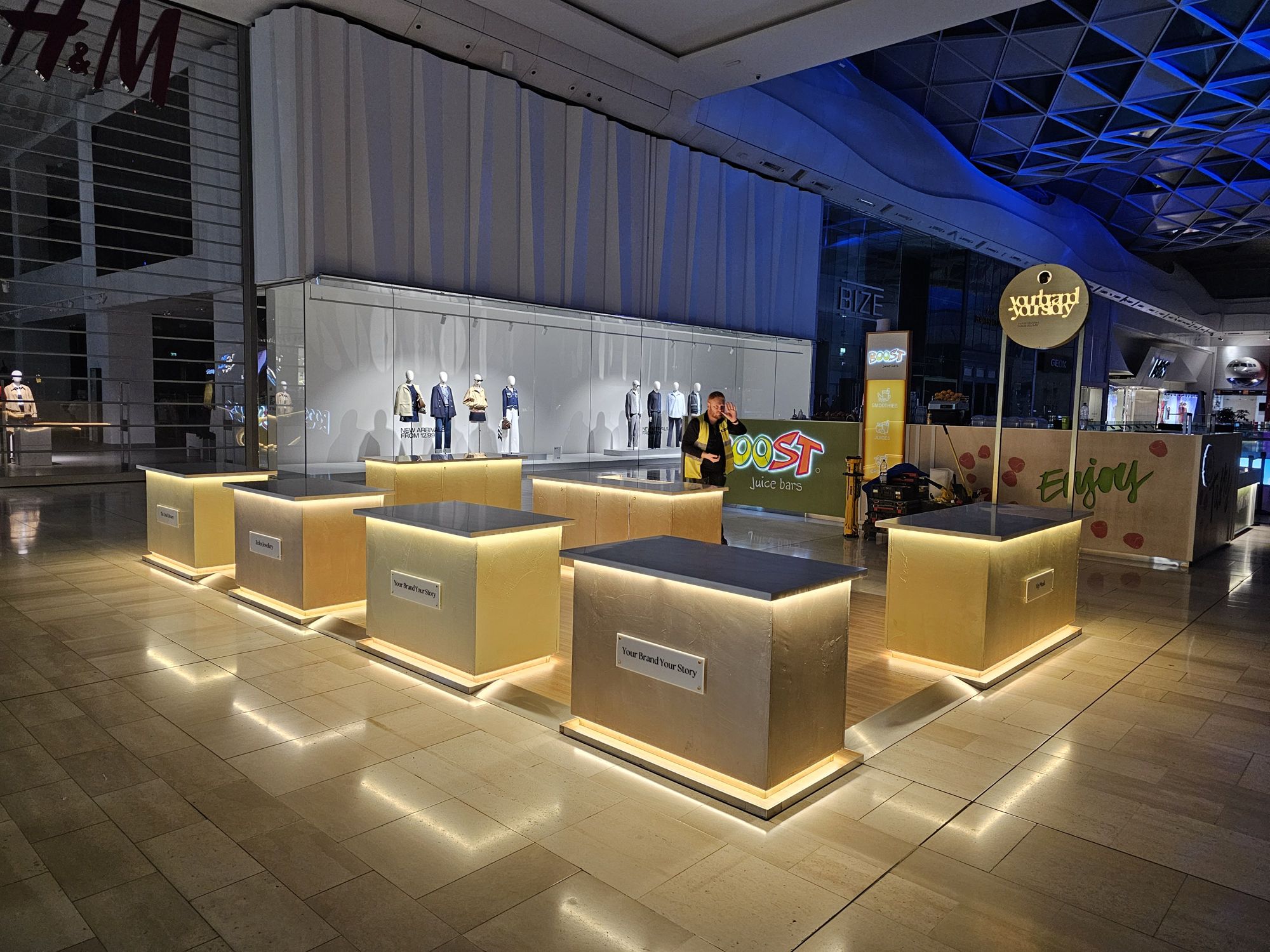 Your Brand Your Story illuminated pop-up retail pods at Westfield White City, built and installed by OLLYWOOD