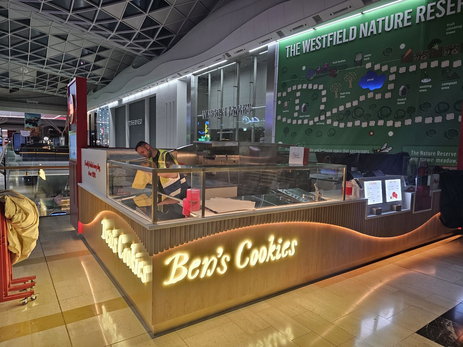 Ben's Cookies counter illuminated after a completed overnight installation