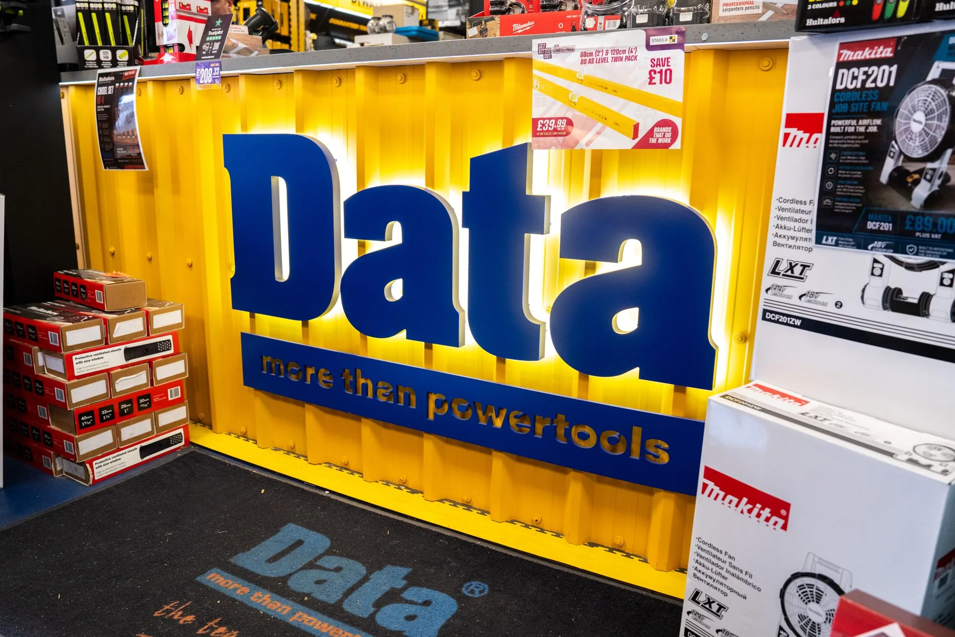 Yellow Data Power Tools branded counter in the shop