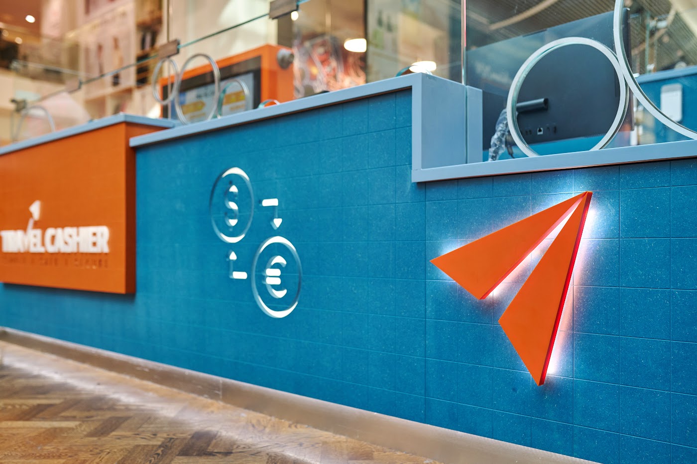 Travel Cashier bureau de change kiosk with secure glazed teller counter built by OLLYWOOD