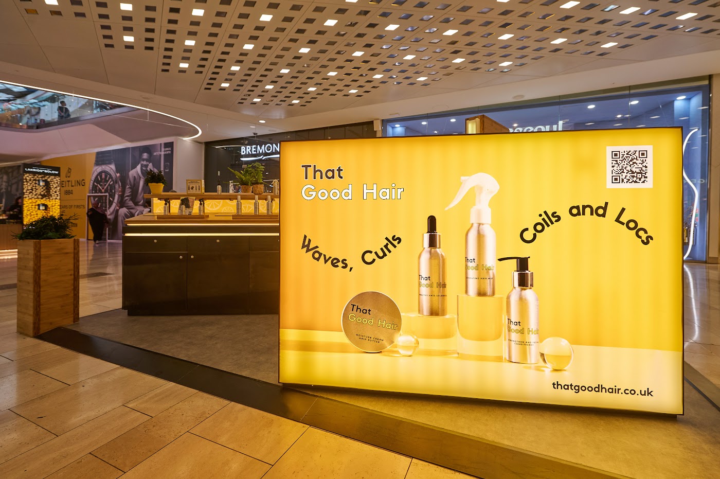 That Good Hair specialist hair product kiosk at Westfield London with lightbox front panel by OLLYWOOD
