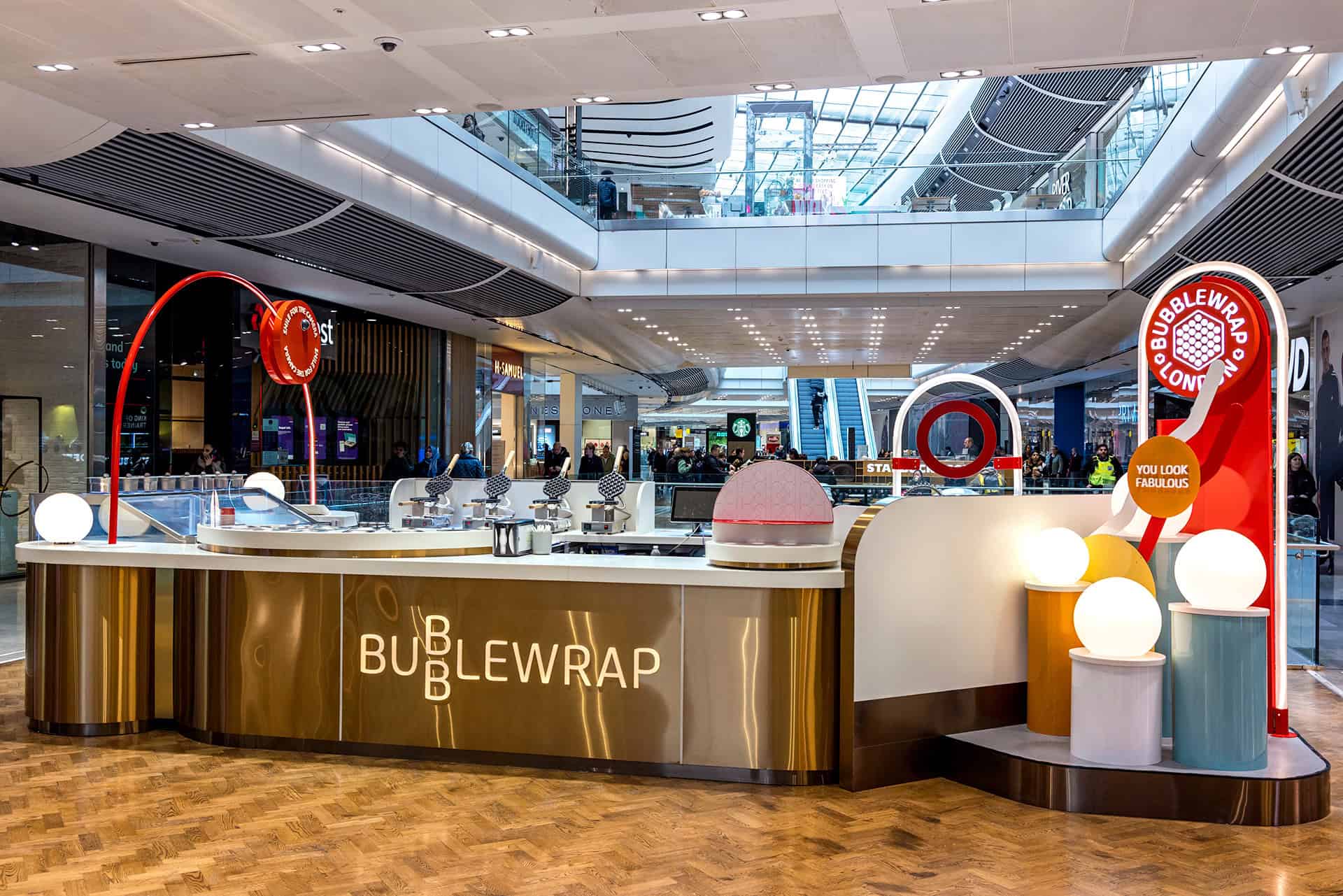 Bubblewrap bubblewaffle and ice cream dessert kiosk at Westfield London built by OLLYWOOD