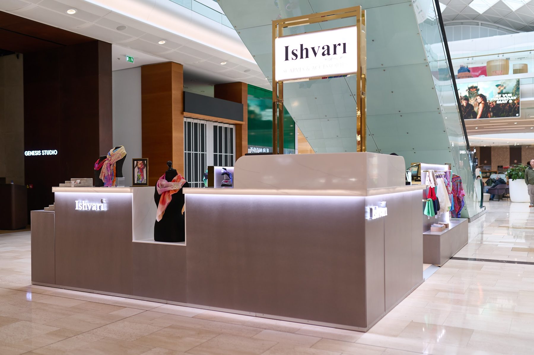Ishvari scarves and accessories retail kiosk at Westfield London, manufactured and installed by OLLYWOOD