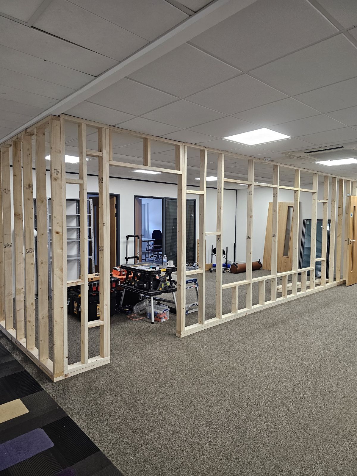 Office partition walls under construction on a Cardiff fit-out
