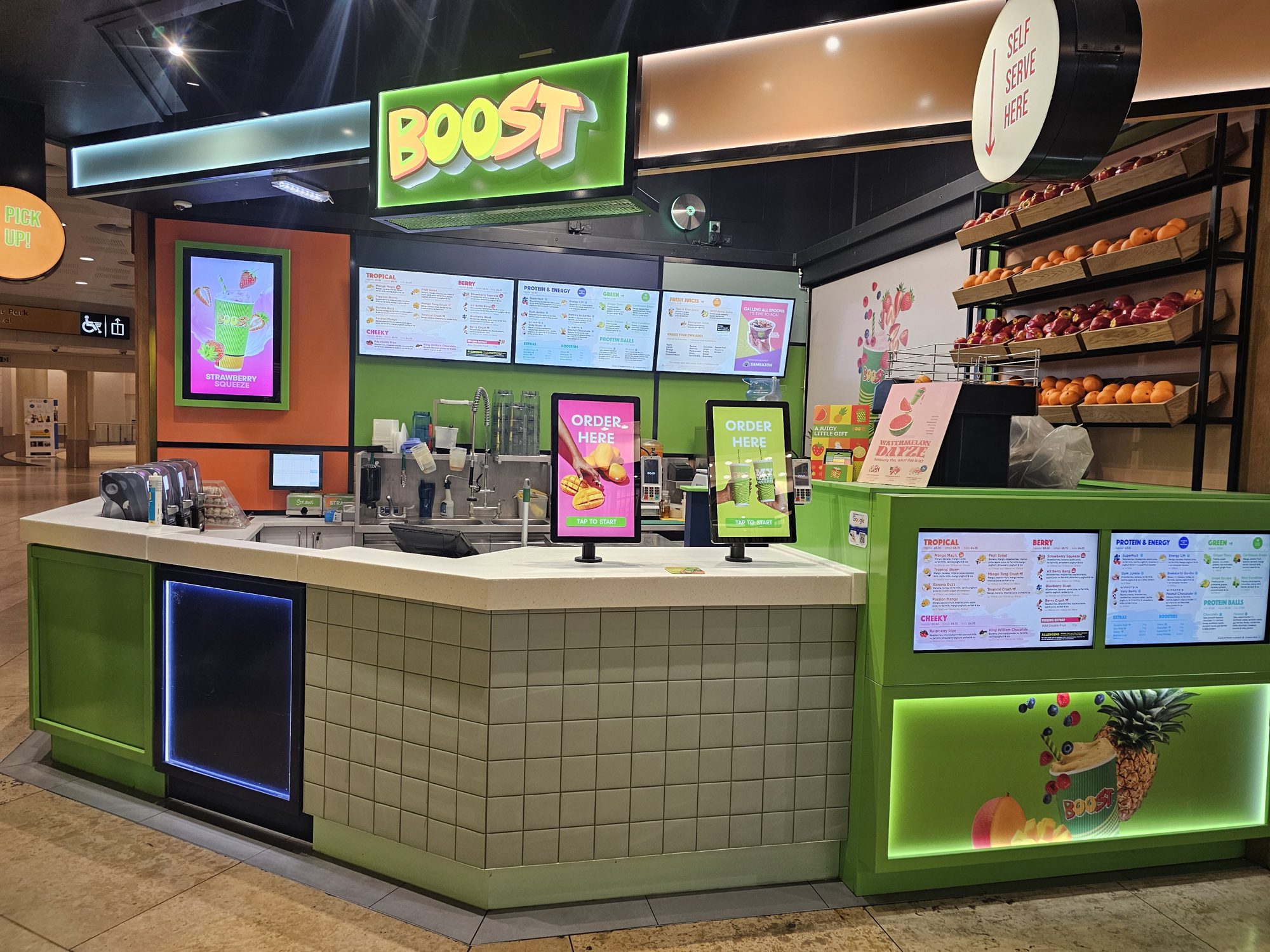 Boost juice bar counter and menu wall refurbished by OLLYWOOD at Bluewater