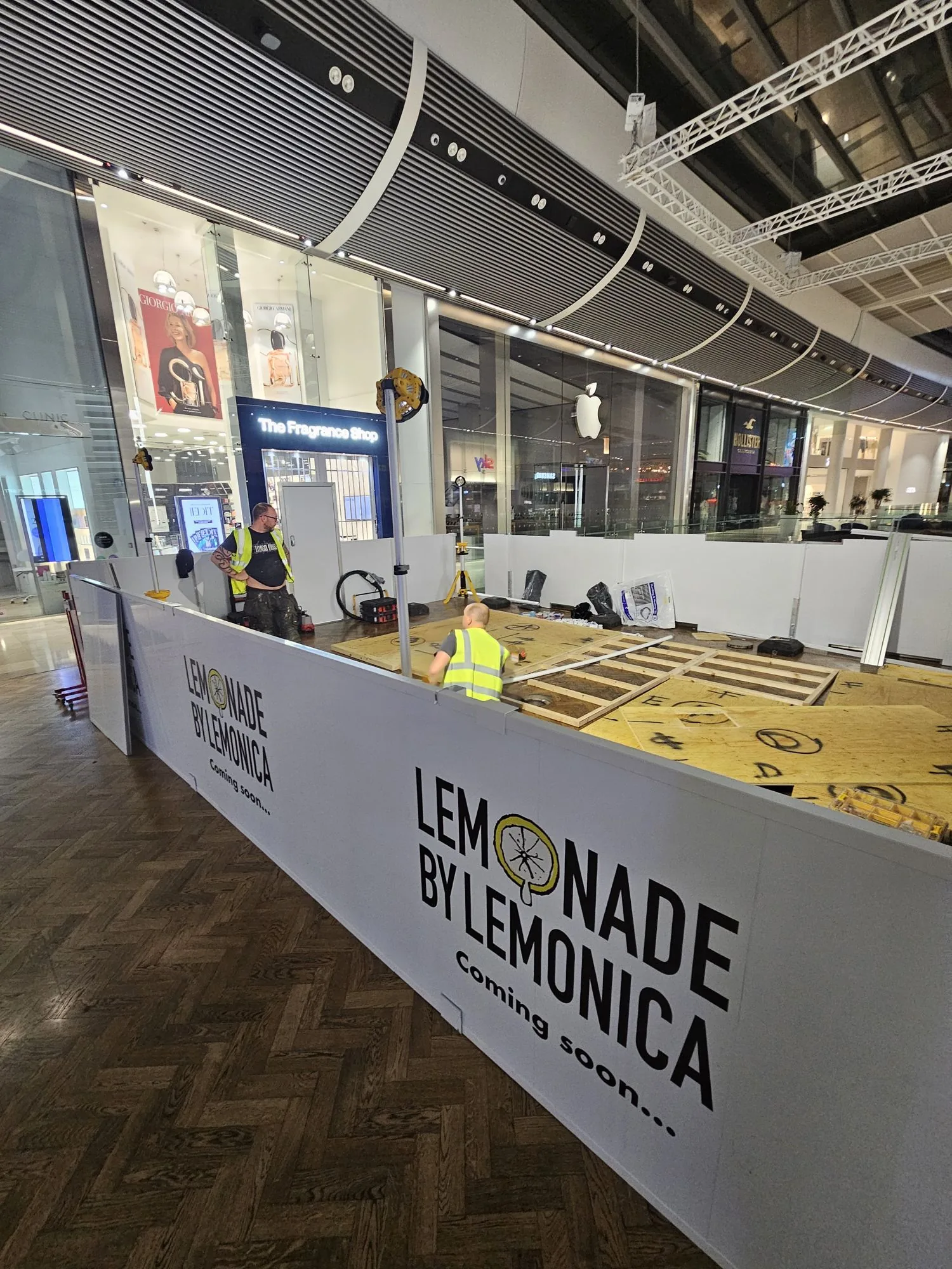 Lemonade by Lemonica site hoarding at Westfield Stratford before the kiosk build starts