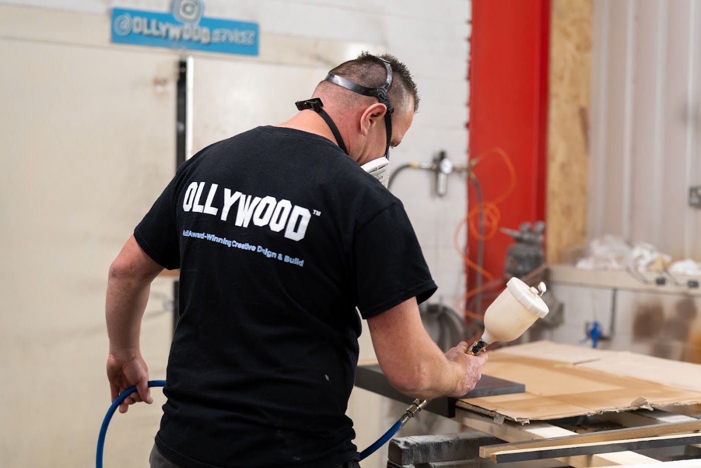OLLYWOOD joiner cutting solid surface in the Cardiff workshop