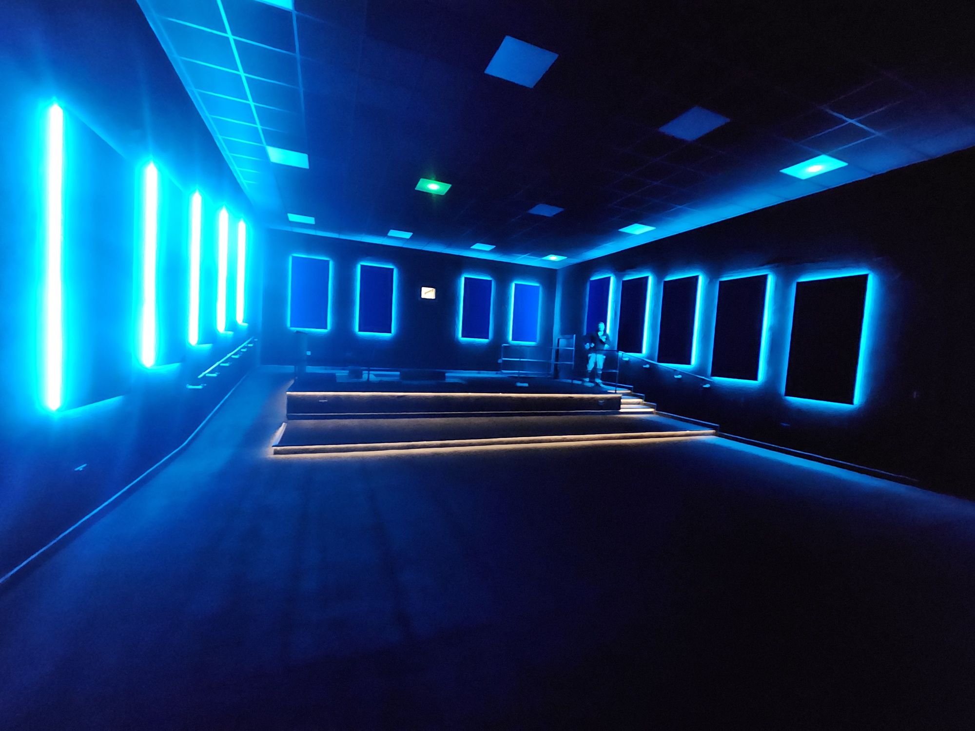 Gelert bespoke acoustic post production studio in Cardiff built by OLLYWOOD, LED lit auditorium with acoustic wall panels