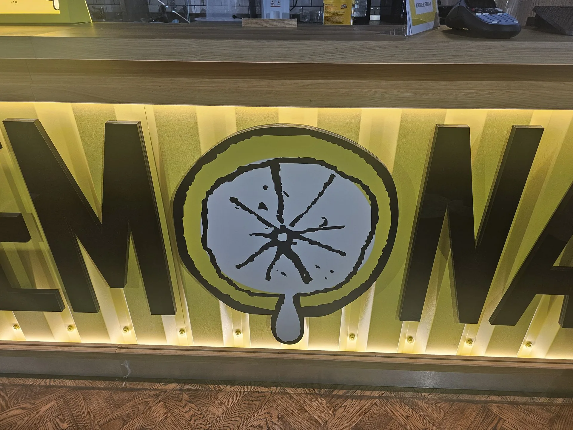 Close up of the illuminated Lemonade by Lemonica signage built by OLLYWOOD